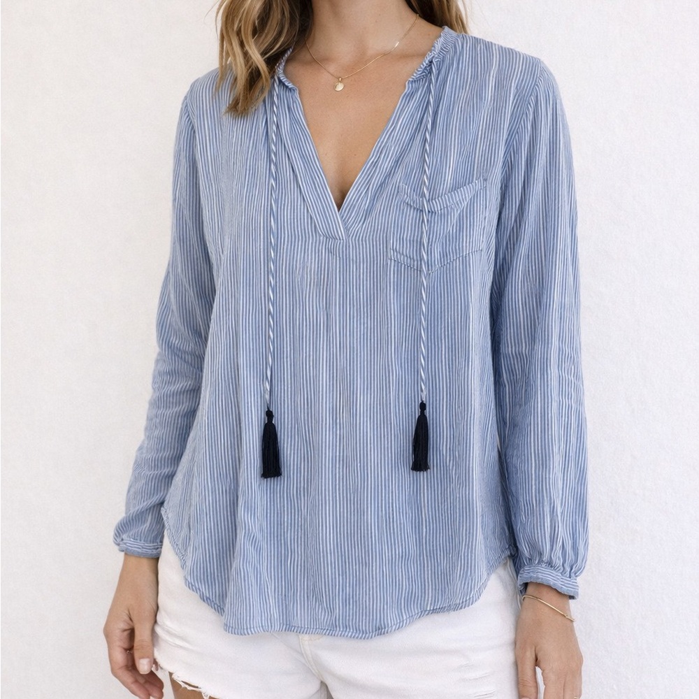 Faithfull Blue Striped Tasseled Tunic Top Small
